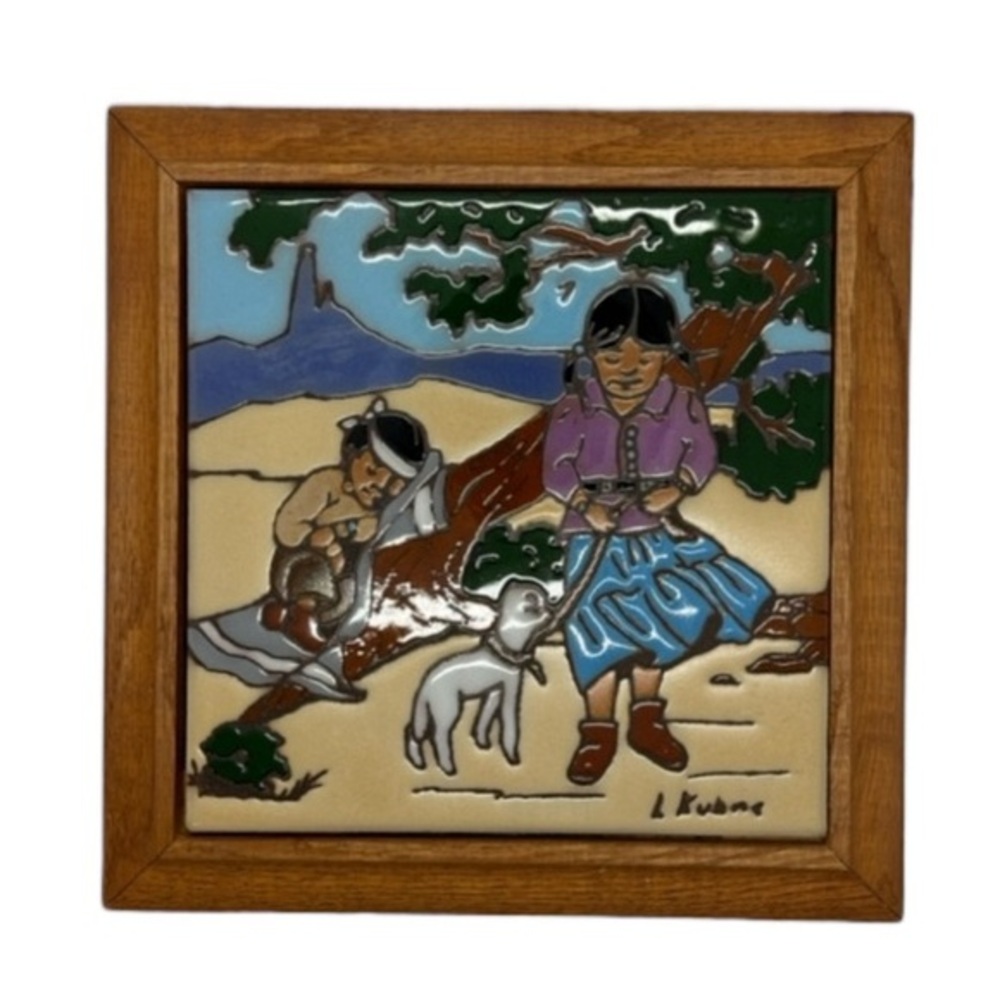 Earthtones Tile Wall Decor 6x6 Beige Blue Vintage 80s Children Lamb Art